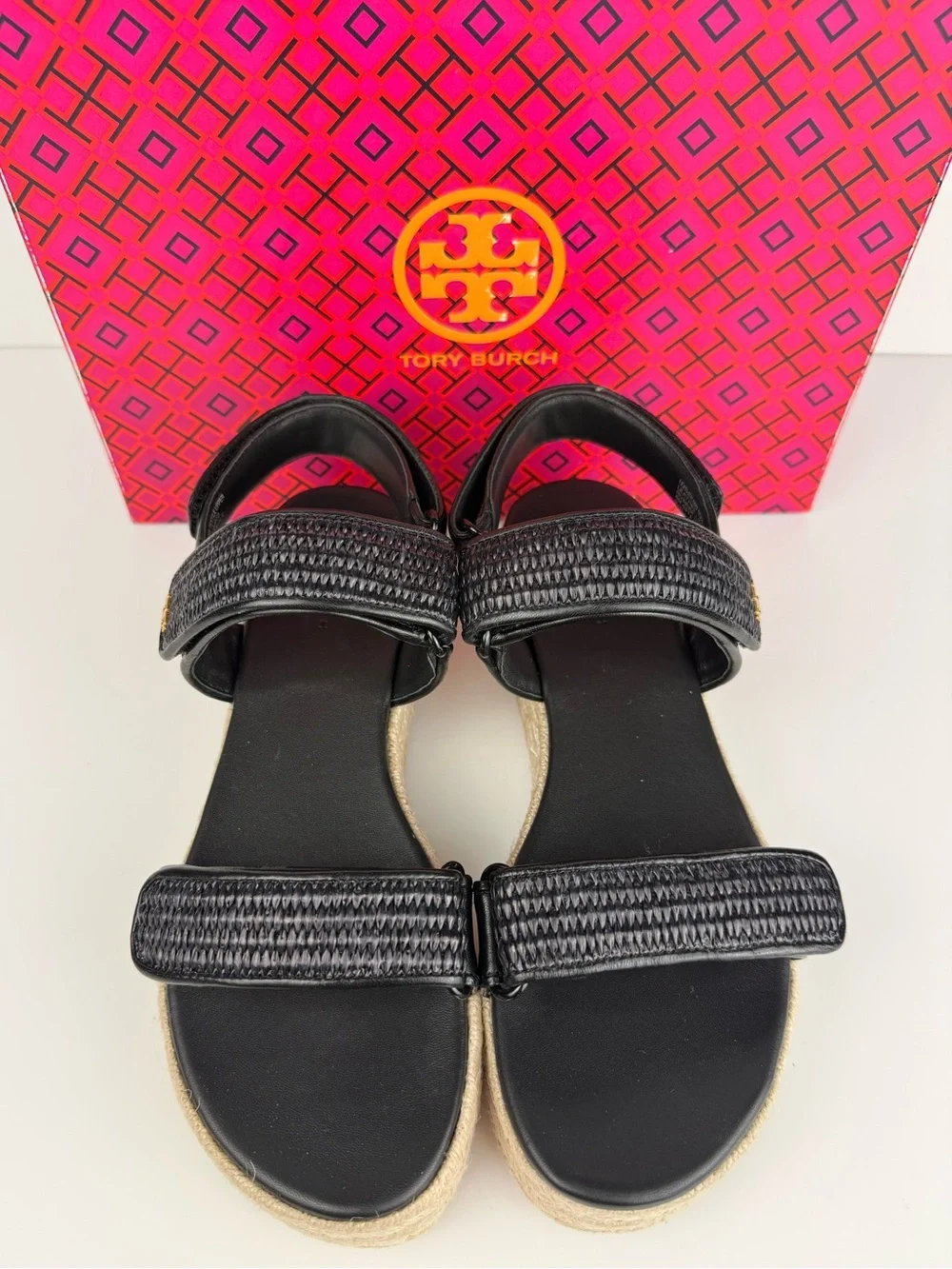 Tory Burch Diego Sport Espadrille Sandals Perfect Black Raffia Platform 8 READ